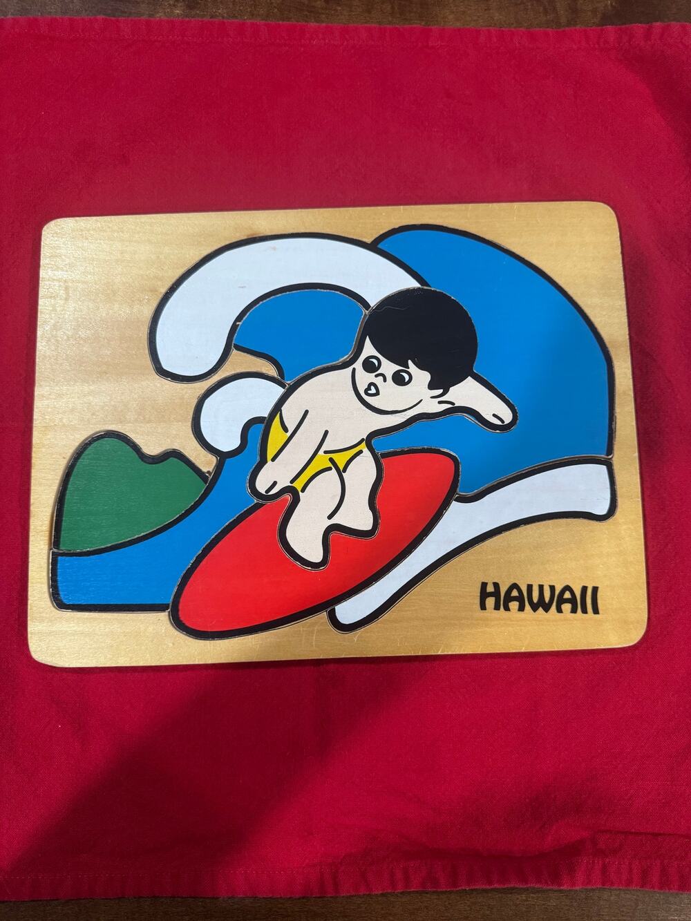 Vintage Hawaii Wooden Tray Puzzle Surfer Boy 9.5" x 12.25" Retro Tiki Decor